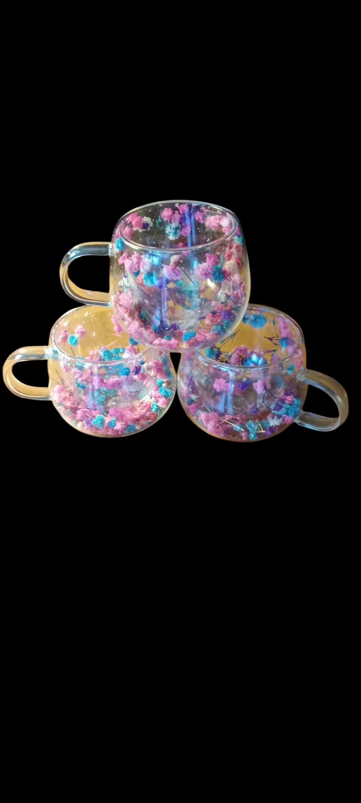 Pink blue floral glass mugs